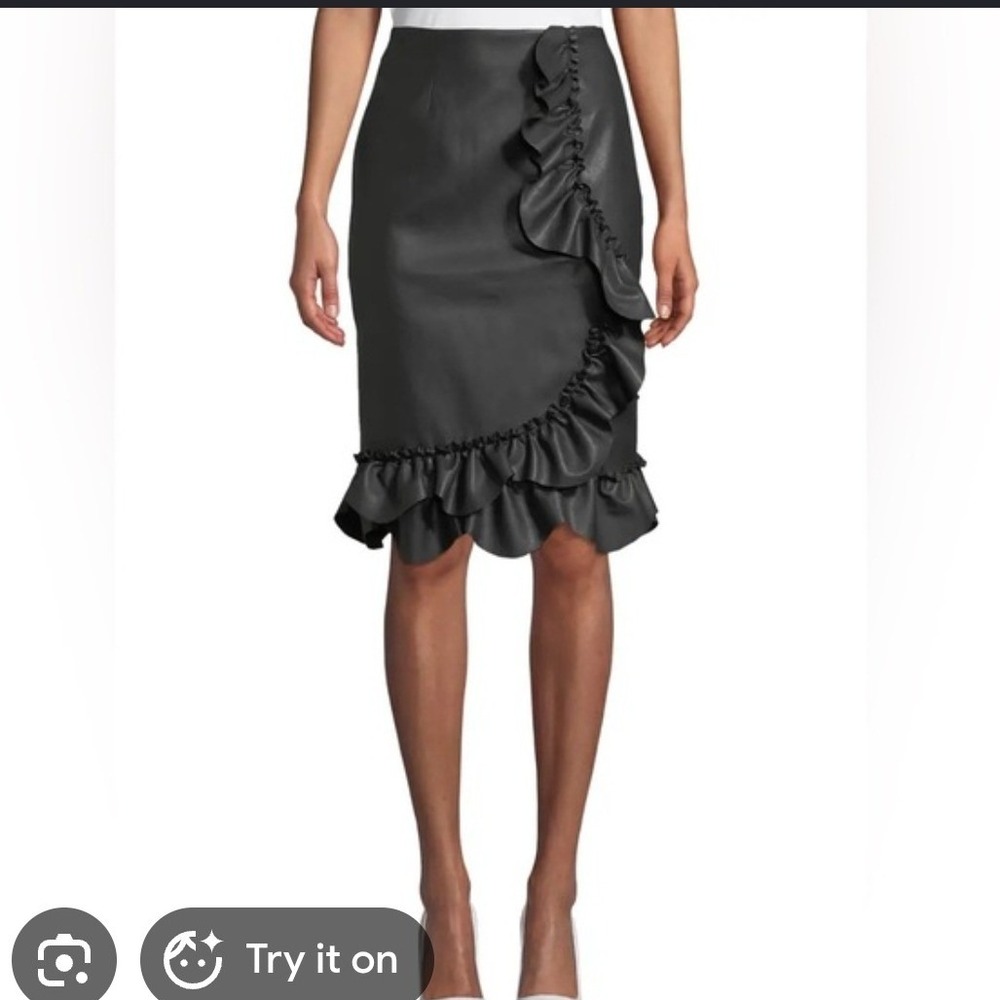 Rebecca Taylor Black Vegan Leather Edgy Ruffle Scalloped Pencil Skirt Sz‎ 10